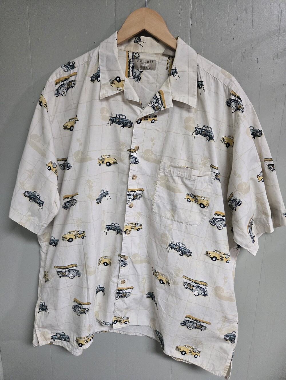 Natural Issue Shirt Mens 2XLT White Cotton Car Graphic Button-Up Short Sleeve